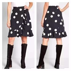 [ModCloth] Black White It's A Wrap Polka Dot Ruffle Faux Wrap Midi Skirt NWT 12